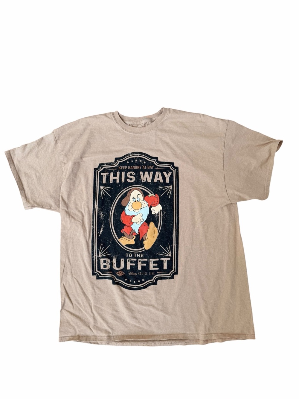 Disney This Way to the Buffet Beige Tan Graphic Tee Men’s XXL 100% Cotton Dwarf